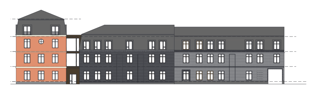 Sådan cirka sådan kommer det nye boligbyggeri til at tage sig ud fra Nørrevold. Porten bevares som et centralt element.